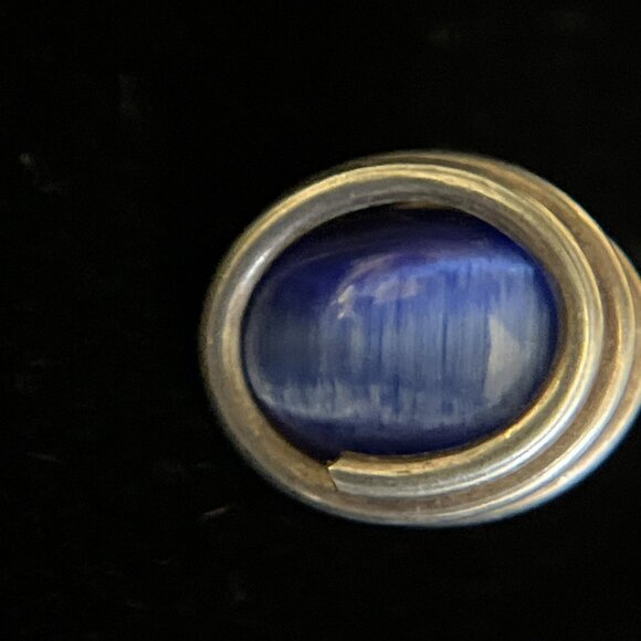 Vintage Modernist Sterling Silver Blue Cat's Eye Stud Earrings Oval Cabochon - Picture 8 of 10